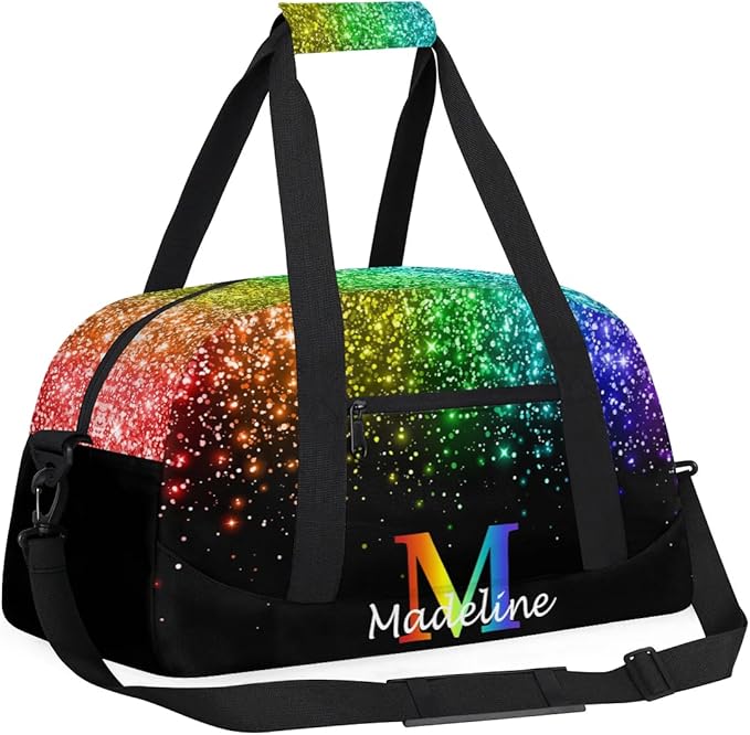 Personalized Kids Sports Duffel Bag with Name Custom Weekender Overnight Bag for Boys Girls Gym Bag Travel Dance Gymnastics Duffel Bag, Rainbow Glitter