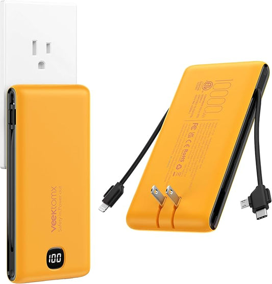 VEEKTOMX Portable Charger with Built in Cables 10000mAh, Power Bank for iPhone with Wall Plug, Travel Essential Fast Charging USB C Slim External Battery Pack for iPhone 17/16/15, Samsung, iPad, etc