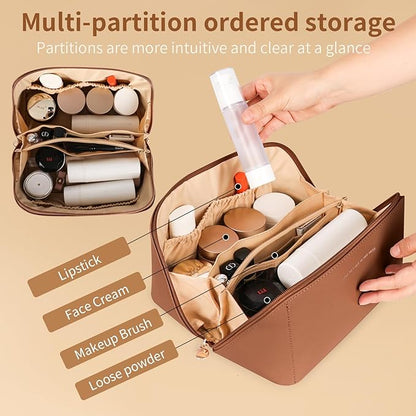 Travel Makeup Bag, Large Capacity Cosmetic Organizer Bags for Women, Waterproof PU Leather Toiletry Bags, Wide Open Flat Makeup Case with Divider and Handle