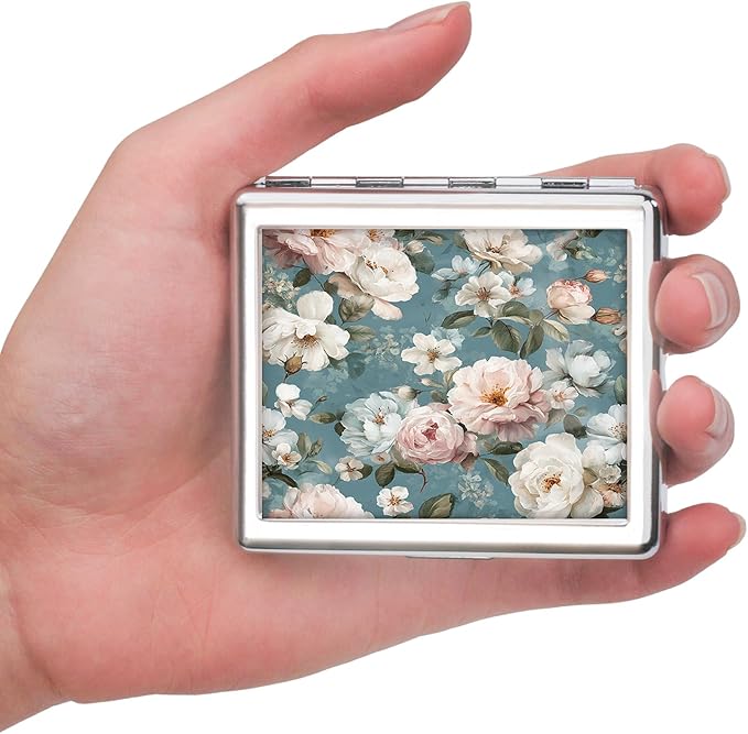 7 Days Chromed Shiny Silver Pill Organizer with Mirror Inside Has 8 Separate Compartments Rectangle,Versatile Storage for Medication - Ideal Travel Accessory (Painted Flowers)