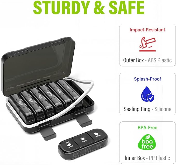 Vikie Weekly Pill Organizer 3 Times a Day, Morn NOON Night, BPA-Free, Portable & Moisture-Proof for Pills, Vitamins, Supplements ()
