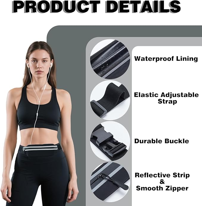 Slim Running Belt Fanny Packs for Women Man,Adjustable WaterProof Running Pouch Waist Bag for Workout Jogging,Elastic Phone Holder for Runner Comes with Reflective Armbands