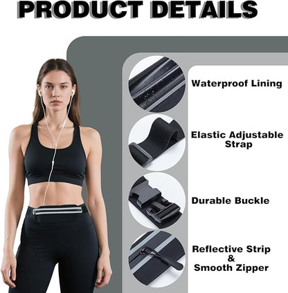 Slim Running Belt Fanny Packs for Women Man,Adjustable WaterProof Running Pouch Waist Bag for Workout Jogging,Elastic Phone Holder for Runner Comes with Reflective Armbands