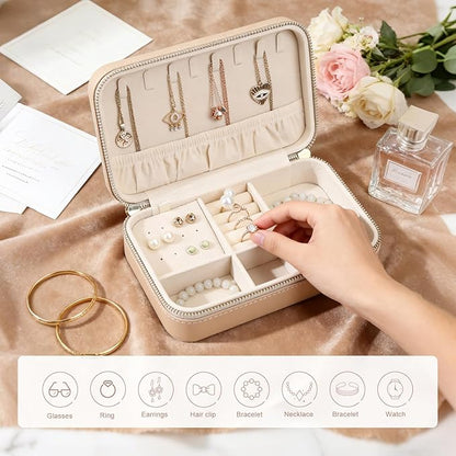 Leather Jewelry Box Elegant Small Jewelry Case for Women Gift Box for Necklace, Ring, Earring Storage Portable Design for Travel & Home Use Apricot
