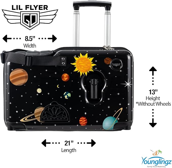 Younglingz LIL FLYER GO Version 2 Ride On Suitcase for Kids | Carry On Luggage with Toddler Seat, Foldable Handlebars, Pedals, and Removable Wheels | Holds up to 80 lbs | SPACE | Ages 2-6