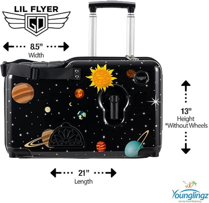 Younglingz LIL FLYER GO Version 2 Ride On Suitcase for Kids | Carry On Luggage with Toddler Seat, Foldable Handlebars, Pedals, and Removable Wheels | Holds up to 80 lbs | SPACE | Ages 2-6