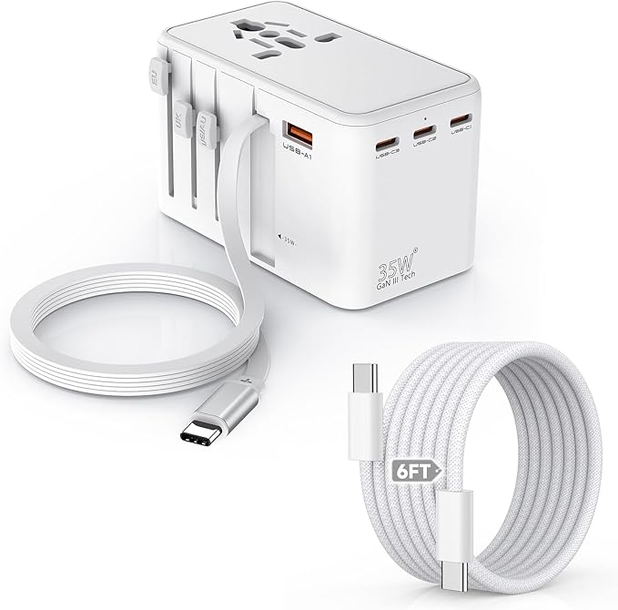 Universal Travel Adapter,35W 4 USB Port(3C/1A) International Power Adapter,European Travel Plug Adapter Retractable Type-C Cable+USB C 6FT Cable,Worldwide Plug Charger for EU UK USA AUS(Type C/G/A/I)