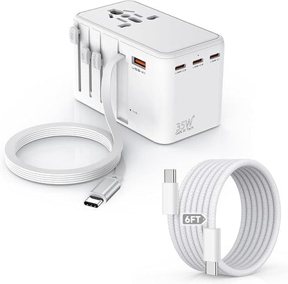 Universal Travel Adapter,35W 4 USB Port(3C/1A) International Power Adapter,European Travel Plug Adapter Retractable Type-C Cable+USB C 6FT Cable,Worldwide Plug Charger for EU UK USA AUS(Type C/G/A/I)