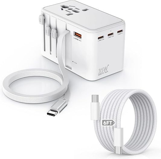 Universal Travel Adapter,35W 4 USB Port(3C/1A) International Power Adapter,European Travel Plug Adapter Retractable Type-C Cable+USB C 6FT Cable,Worldwide Plug Charger for EU UK USA AUS(Type C/G/A/I)