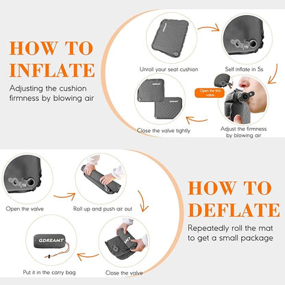 Inflatable Seat Cushion, Self-Inflating Memory Foam Stadium Seats Cushion Portable Camping Air-Foam Sitting Pad for Travel Airplane Car Bleachers Backpacking Office, Lightweight & Compact