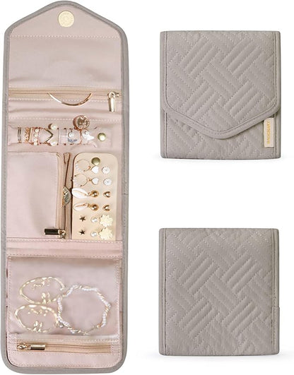 BAGSMART Travel Jewelry Organizer Case Foldable Jewelry Roll for Journey Rings, Necklaces, Earrings, Bracelets,Mini,Warm Gray