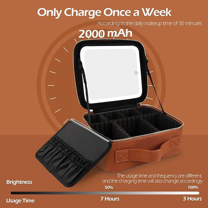 MOMIRA Travel Makeup Bag Cosmetic Bag Makeup Organizer Bag with Lighted Mirror, Adjustable Brightness in 3 Color Scenarios, Waterproof Makeup Train Case, Gift for Women - Tangerine Brown