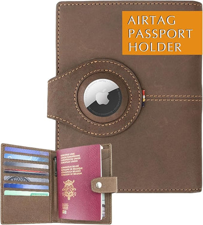 GARZINI Passport Holder with AirTag, Passport Wallet with RFID, Travel Accessories, Travel Document Holder with ID Window, Leather Passport Holder for 7 Cards, Java Brown