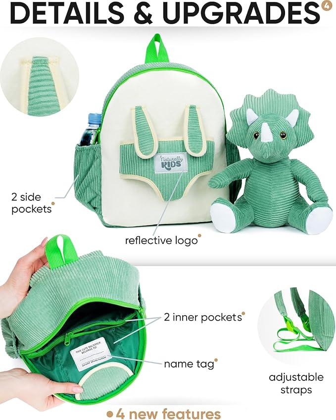 Naturally KIDS Green Dinosaur Backpack for Boys 4-5, Triceratops Dinosaur Gifts for 4-5 Year Old Boys, Girls, Toddler Backpack