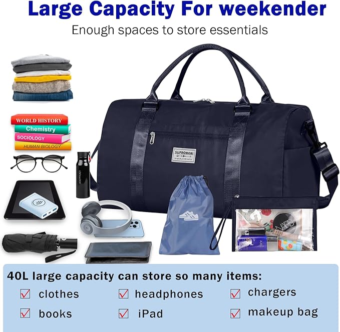 Large Travel Duffel Bag, Sports Tote Gym Yoga Airplane Carry-on With Extra Shoe and Small Clear Makeup Bag, Overnight Crossbody for Men and Women Navyblue
