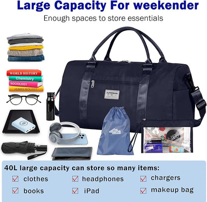 Large Travel Duffel Bag, Sports Tote Gym Yoga Airplane Carry-on With Extra Shoe and Small Clear Makeup Bag, Overnight Crossbody for Men and Women Navyblue