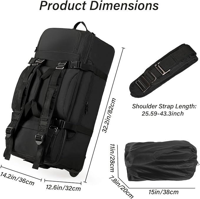 Rolling Duffle Bag with Wheels, 90L 32-inch Large Foldable Travel Duffel Bags Durable, Tear-resistant Heavy-duty Luggage Bag (Black)