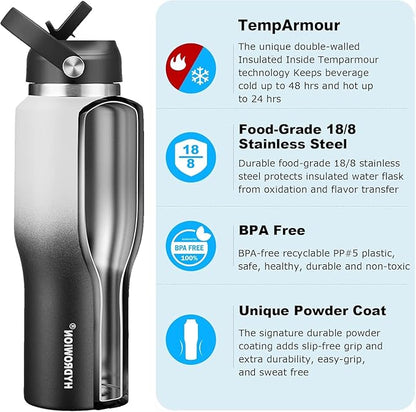40 oz Insulated Water Bottle with Straw fit in Car Cup Holder(Cold 48 hrs, Hot 24 hrs) Drinking Bottle with Straw Lid, Spout Lid and Flex Cap Leakproof Travel Thermo Mug，White - Black