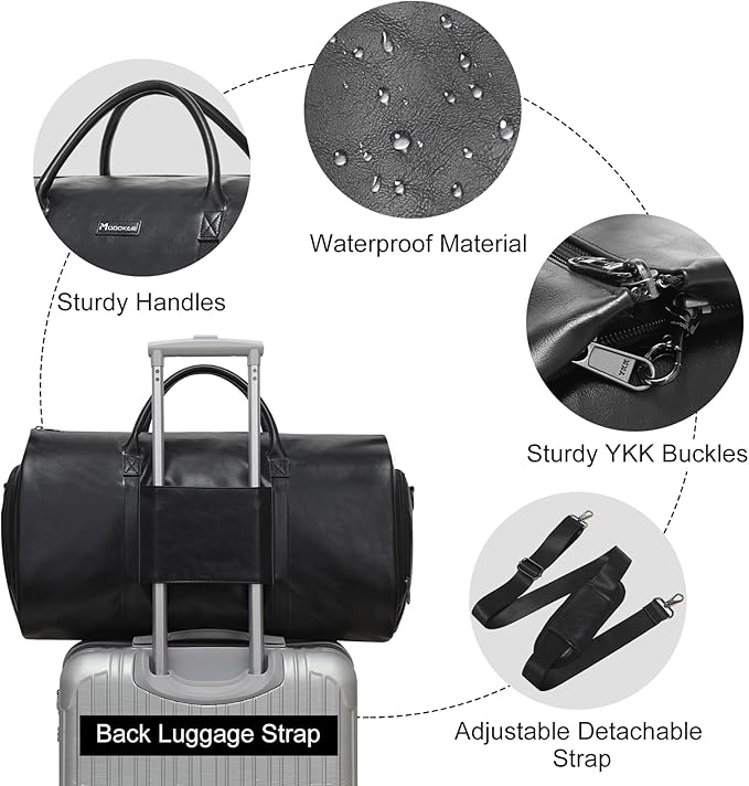 Modoker Convertible Leather Garment Bag, Carry on Garment Bags for Travel, Garment Duffel Bag, Gifts for Men Women Business Waterproof Suitcase Suit Travel Bags, Black