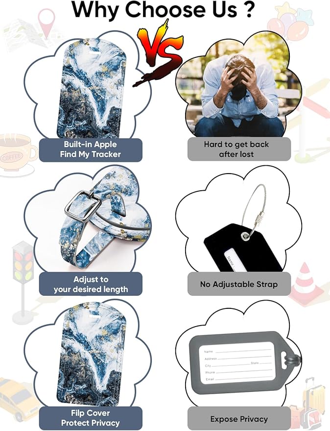 Luggage Tags Built-in Anti-Loss Tracker, Luxury Leather Luggage Tags for Suitcase, Travel Bags, Backpacks, Travel Organizer for Lost Baggage Prevention (Marble Texture)