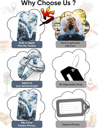 Luggage Tags Built-in Anti-Loss Tracker, Luxury Leather Luggage Tags for Suitcase, Travel Bags, Backpacks, Travel Organizer for Lost Baggage Prevention (Marble Texture)