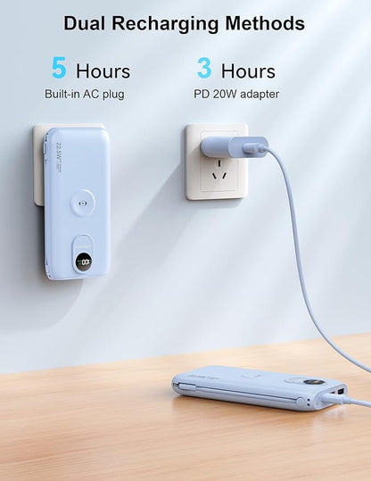 Portable Charger, 10000mAh 22.5W Fast Charging Power Bank with Built in Cable & Wall Plug, Travel Essential Battery Pack with LED Display, External Charger for iPhone, iWatch 11/10/9/8/Ultra/SE Blue