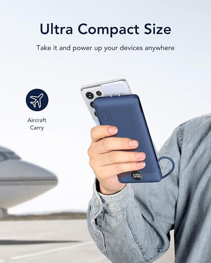VEGER Portable Charger with Built-in AC Plug and Cables, All in One 10000mAh Ultra Slim Power Bank Travel Essentials, 15W Fast Charging Battery Pack Compatible with iPhone, Samsung, Android (Navy)