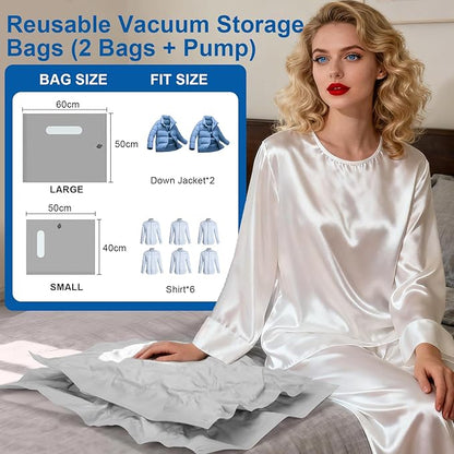 Vacuum Seal Bags For Clothing Travel with Rechargeable Air Pump, Travel Vacuum Bags With Pump, Space Saver Vacuum Storage Bags For Luggage, Reusable Vacuum Storage Bags (2 Bags + Pump)