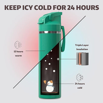 OISIZ Insulated Water Bottle 24 oz with 2 in 1 Spout and Straw Lid,One Click Safety Lock,100% Leakproof,Keep Cold 24H,Vacuum Stainless Steel Water Bottle for School,Travel and Sports,Dishwasher Safe