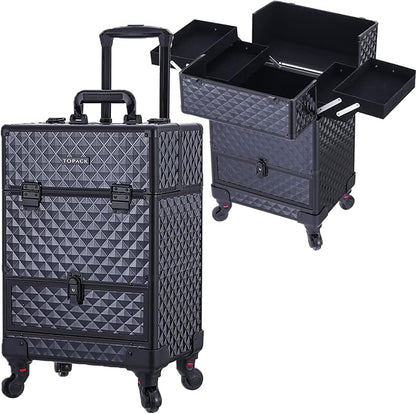 TOPACK Rolling Makeup Train Case,360°Rotaing Wheel Aluminum Cosmetic Case with Trolley 4-Tray for Tattoo/Barber/Nail Tech Travel Cart Organizer 13.1 * 9.8 * 18.3in BLACK (BLACK)