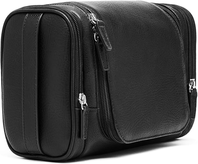 Leatherology Premium Ebony Small Hanging Toiletry Kit – Compact Leather Travel Organizer with Interior Zip Pockets, Mesh Pouches & Hanger | Full-Grain Leather Toiletry Bag for Men & Women