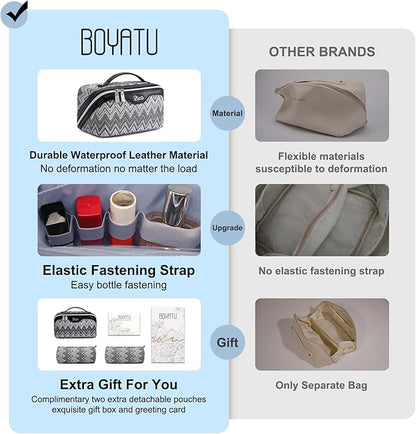 BOYATU Travel Makeup Bag for Women: Western Boho Make up Bag Set of 3 - Large Capacity Vegan Leather Cosmetic Bag - Waterproof Toiletry Bag with Compartments & Handle & Divider(J-3-Black)