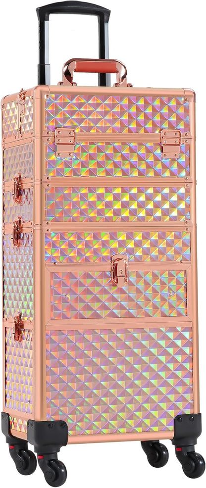 Makeup Train Case with Drawer, Rolling Makeup Case, Cosmetology Case on Wheels, Gift, Large Makeup Case Organizers, Professional for Salon Barber, Nail, Tattoo, Rose Gold