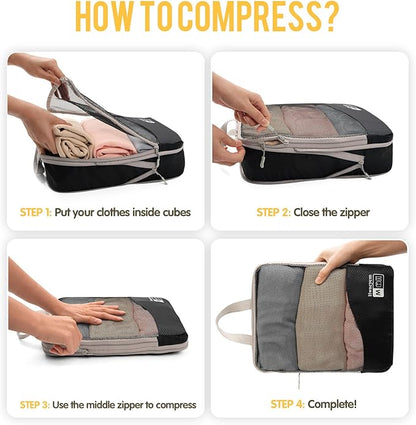 Compression Packing Cubes 8 Set, Dual Zipper Compression Packing Cubes for Travel, See-Through Mesh Packing Bags for Suitcases, packing cubes with shoe bag (Black)