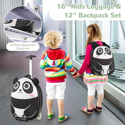 HONEY JOY Kids Luggage, 12” Children Hardshell Backpack & 16” Toddler Travel Rolling Suitcase, 2 Pcs Lightweight Carry On Luggage Set, Kids Luggage with Wheels for Girls & Boys(Black Panda)