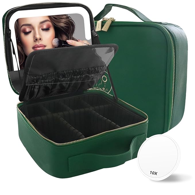 MOMIRA Travel Makeup Bag Cosmetic Bag Makeup Organizer Bag with Lighted Mirror, Adjustable Brightness in 3 Color Scenarios, Waterproof Makeup Train Case, Gift for Women - Emerald green
