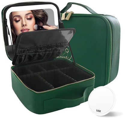 MOMIRA Travel Makeup Bag Cosmetic Bag Makeup Organizer Bag with Lighted Mirror, Adjustable Brightness in 3 Color Scenarios, Waterproof Makeup Train Case, Gift for Women - Emerald green