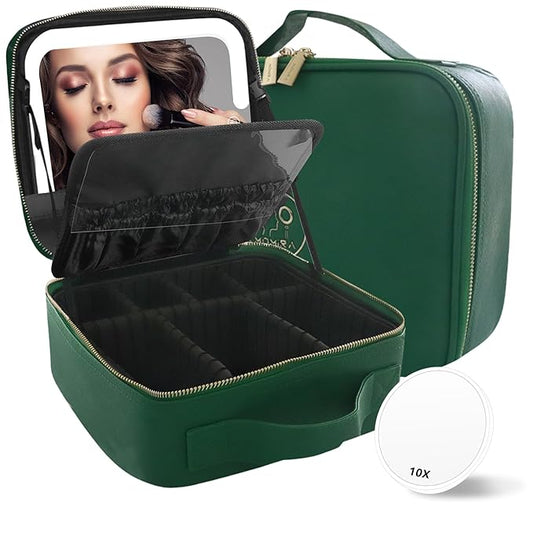 MOMIRA Travel Makeup Bag Cosmetic Bag Makeup Organizer Bag with Lighted Mirror, Adjustable Brightness in 3 Color Scenarios, Waterproof Makeup Train Case, Gift for Women - Emerald green
