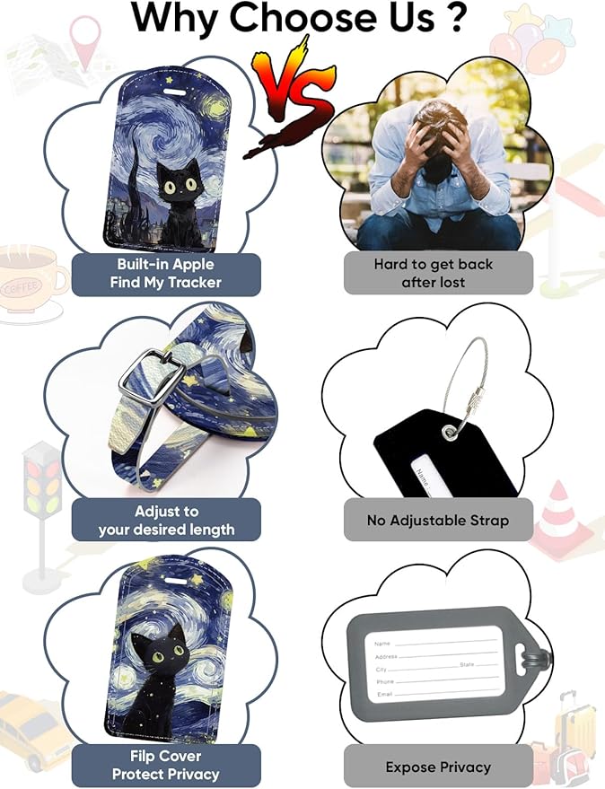 Luggage Tags Built-in Anti-Loss Tracker, Luxury Leather Luggage Tags for Suitcase, Travel Bags, Backpacks, Travel Organizer for Lost Baggage Prevention (Starry Cat)