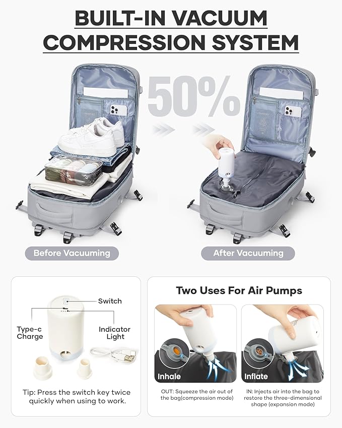 coofay Vacuum Backpack Travel with Pump Vacpack Travel Backpack with Vacuum System Mochila de Viaje Compresion al Vacio Easyvacpack Airbag Backpacks for Traveling Carry on Luggage