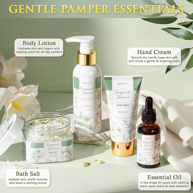Christmas Birthday Gifts for Women, Bergamot Jasmine Relaxing Spa Gift Baskets for Women Self Care Package Bath Gift Set, Home Bath and Body Kit Pampering Gifts for Womens Mom Her Friends Sister Wife