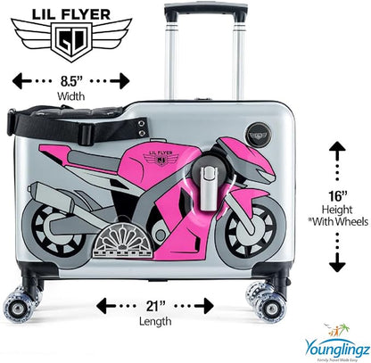 Younglingz LIL FLYER GO Version 2 Ride On Suitcase for Kids | Carry On Luggage with Toddler Seat, Foldable Handlebars, Pedals, and Removable Wheels | Holds up to 80 lbs | Pink Motorcycle | Ages 2-6