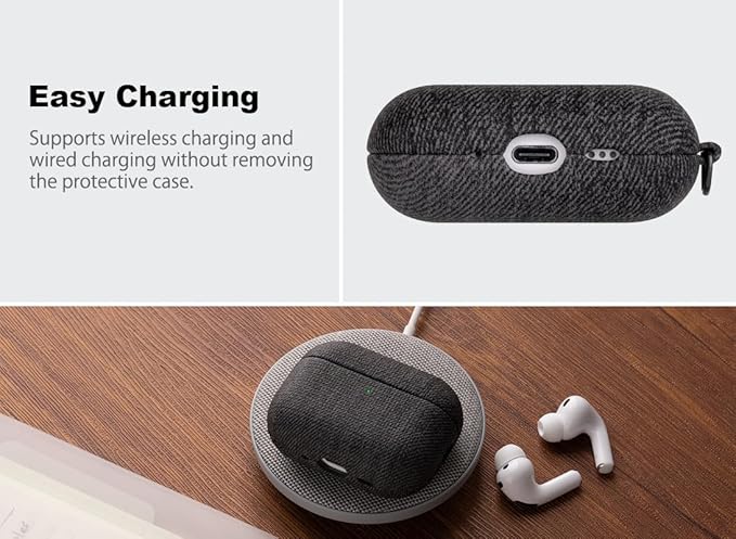 Handmade Case - for AirPods Pro 2 Case Cover with Key Chain - Selected Skin-Friendly Vegan Leather, Woolen Fabric Cloth Style, Shockproof Hard Cover for AirPods Pro 2nd Generation - Black