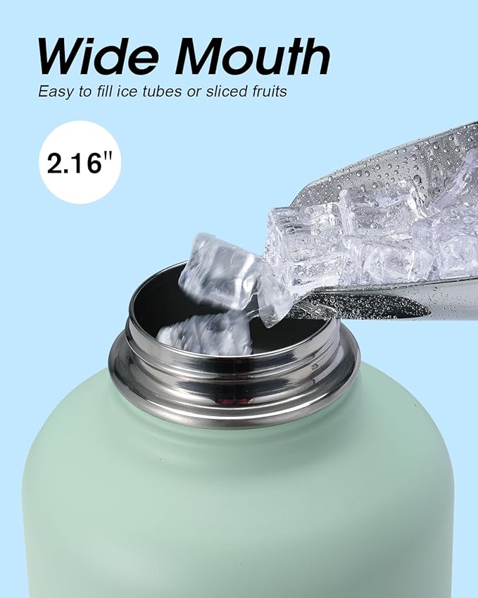 Half Gallon Water Bottle Insulated with Straw & 3 Lids, Coolflask 64 oz Water Jug Large Metal Stainless Steel Wide Mouth for Sports, Gym or Office, Non-BPA Keep Cold 48H Hot 24H, Ombre Green