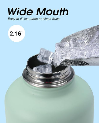 Half Gallon Water Bottle Insulated with Straw & 3 Lids, Coolflask 64 oz Water Jug Large Metal Stainless Steel Wide Mouth for Sports, Gym or Office, Non-BPA Keep Cold 48H Hot 24H, Ombre Green