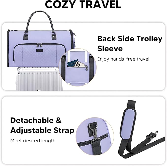 Garment Bag for Airplane Travel, Carry On Garment Duffle Bags for Women, 2 in 1 Travel Suit Bag with Shoes Compartment Carry on Bag Hanging Garment Bag Travel with Shoulder Strap,Purple
