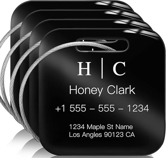 Stainless Luggage Tags for Suitcases 4 Pack: Metal Personalized Luggage Tags for Backpacks & Bags with Customizable Texts (Black)