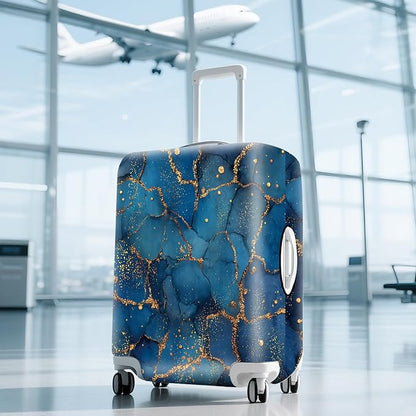 FOREVER QUEEN Blue Gold Luxury Marble Luggage Cover Suitcase Protector Suitcase Cover Anti-Scratch,Stretchable Bag Cover Washable Durable Polyester