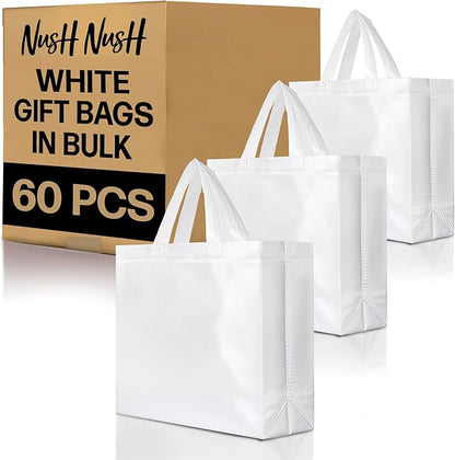 Nush Nush Large White Gift Bags Bulk - Set of 60 Reusable White Gift Bags Large Size With Handles - For Small Business Use, Wedding Gifts, Birthday Party Favor, Christmas, Holidays - 13x5x11 Size