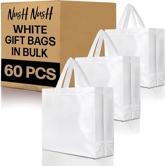 Nush Nush Large White Gift Bags Bulk - Set of 60 Reusable White Gift Bags Large Size With Handles - For Small Business Use, Wedding Gifts, Birthday Party Favor, Christmas, Holidays - 13x5x11 Size